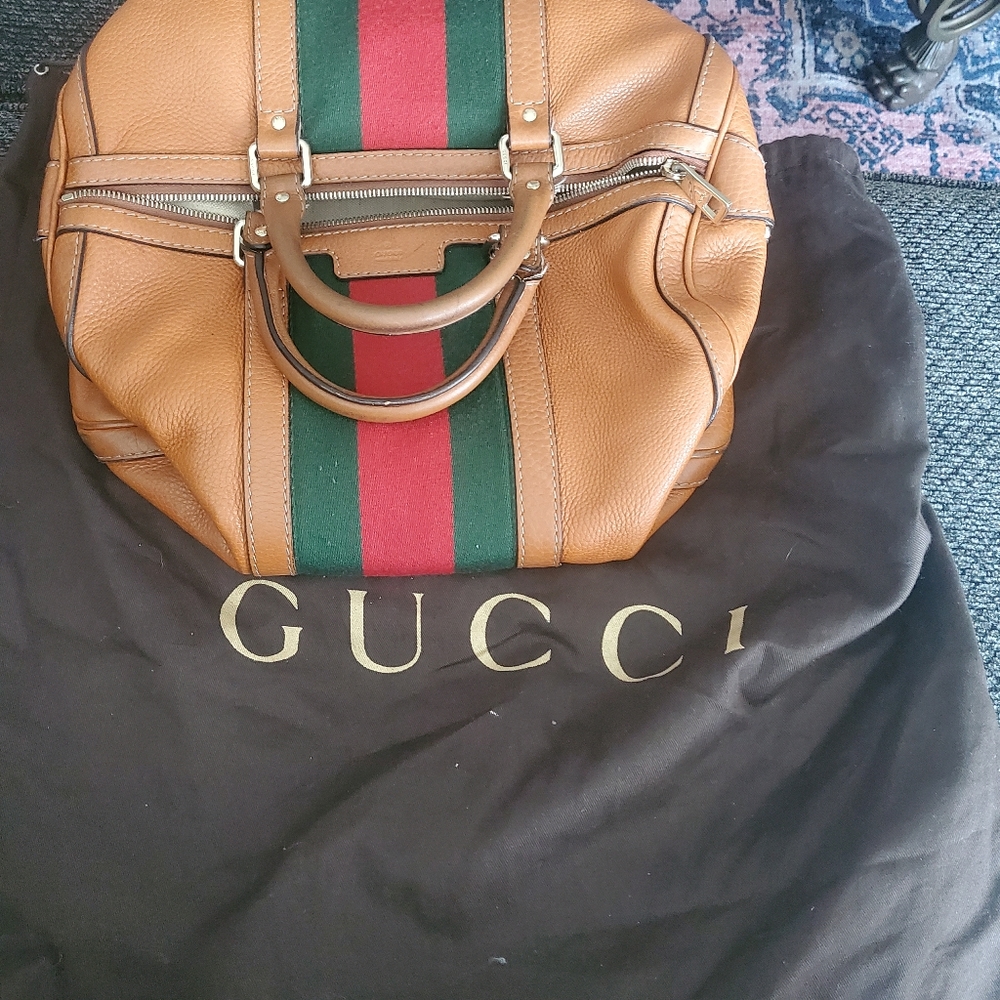 Gucci Rare British Tan Boston Bag with web straps and gucci sleeper included